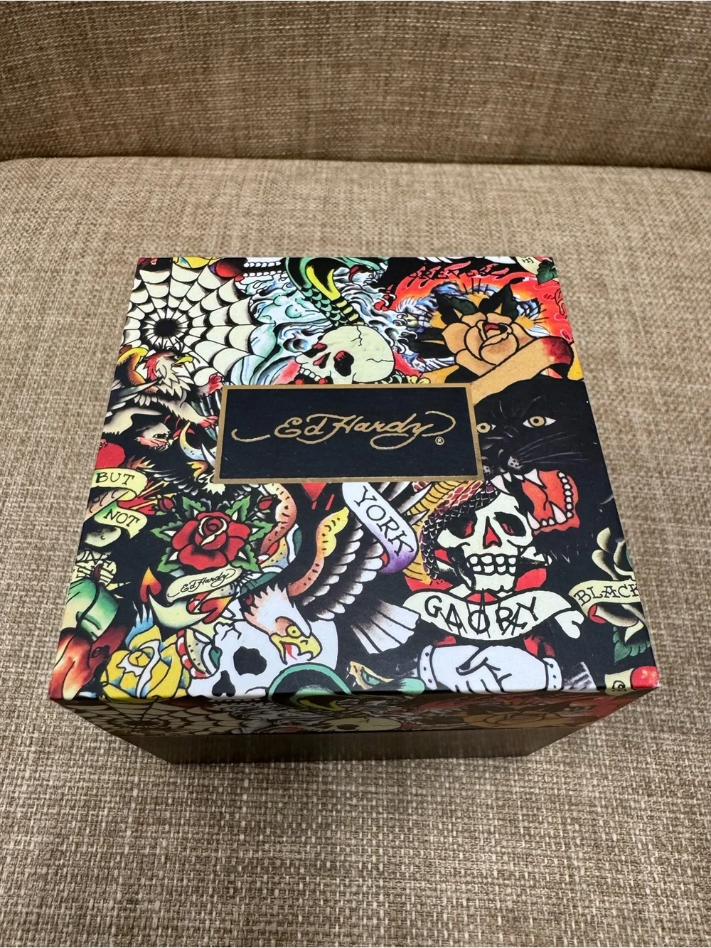 Ed Hardy Quartz Skull Skeleton Dial Watch Black Tonneau Green Strap 100m Box